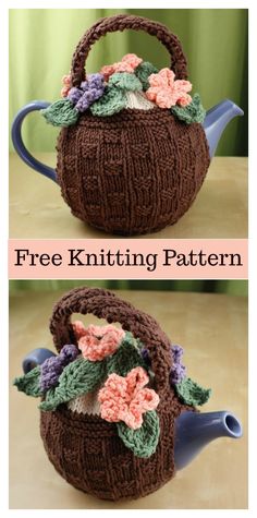 two pictures of a knitted teapot with flowers on it