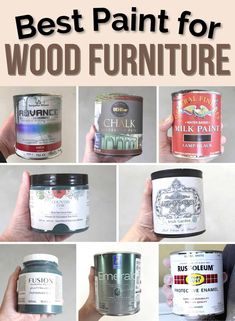 the best paint for wood furniture is shown in this collage with different colors and sizes