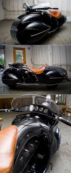 the side view of a black motorcycle with brown leather seat and front end, shown in three different views