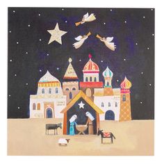 an oil painting of a nativity scene with sheep and stars in the night sky