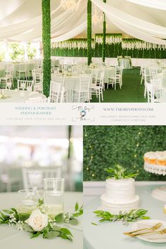 the wedding reception is set up with white linens and greenery