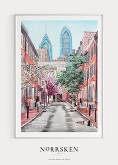 a watercolor painting of a city street with trees and buildings in the background, on a white wall