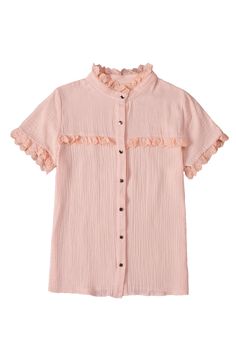 Pink Buttoned Lace Splicing Ruffle Textured Short Sleeve Shirt Pink Ruffled Button-up Blouse, Pink Button-up Blouse With Ruffles, Feminine Pink Ruffled Shirt, Feminine Short Sleeve Shirt With Ruffles, Short Sleeve Shirt Women, Lace Splicing, Women Tops, Shirt Women, Shirt Sleeves