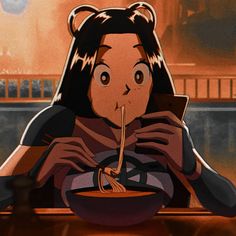 a woman eating noodles with chopsticks in front of her face