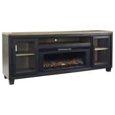 an entertainment center with a fireplace in it