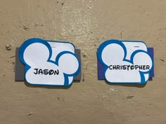 two stickers with mickey mouses on them that say,'jackson and christpherr '