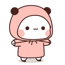 a cute little animal in a pink outfit with black ears and eyes, holding his arms crossed