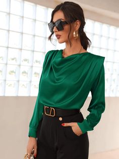 Draped Collar Shoulder Pads Satin Blouse | SHEIN USA Satin Tops Blouses Long Sleeve, Haljine Za Svadbu, Silk Top Outfit, Satin Top Outfit, Draped Collar, Chic Dress Classy, Sequin Blouse, Satin Blouses, Women Blouses