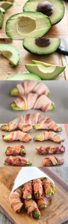 avocado and bacon wrapped in strips on a cutting board