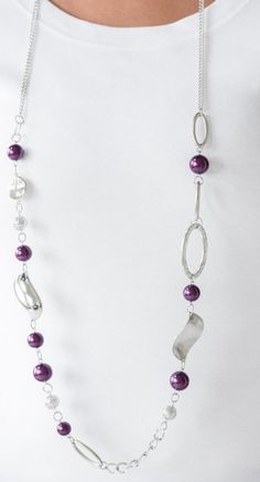 Lead And Nickel Free. Includes Matching Purple Bead Earrings. Oversized Purple Pearls, Ornate Silver Beads, And An Array Of Glistening Silver Accents Trickle Along A Lengthened Silver Chain For A Refined Look. Features An Adjustable Clasp Closure. Elegant Silver Dangling Beads, Silver Metal Beads Jewelry, Silver Dangling Beads For Party, Party Jewelry With Beaded Metal Chain, Party Jewelry With Round Metal Beads, Metal Jewelry With Spacer Beads For Party, Silver Dangling Beads For Gifts, Silver Pearl Beads For Jewelry Making, Silver Necklaces With Polished Beads