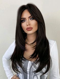 Long Layered Hair With Side Bangs, Actresses With Black Hair, Layered Wigs, Straight Black Hair, Black Hair Dye, Gorgeous Hair Color, Hairstyles For Layered Hair, Best Wigs, Long Layered Hair