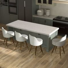 a kitchen with an island and stools in it