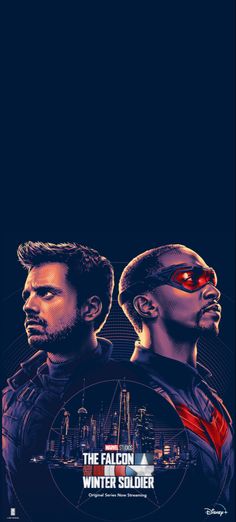 the falcon and winter soldier movie poster with two men in front of a cityscape