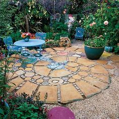 an outdoor patio with chairs and tables surrounded by flowers