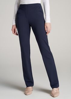 Women's Tall Straight Leg Dress Pants | American Tall Low Heels Outfit, Pants For Tall Women, Tall Women Dresses, Tall Lady, Professional Pants, Women's Dress Pants, Straight Leg Dress Pants, Long Length Dresses, Navy Dress Pants