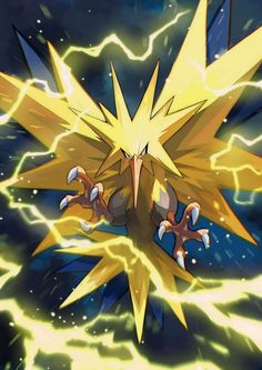 the pokemon is flying through the air with lightning in it's back legs and arms