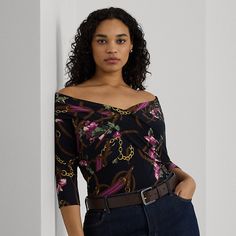 With an overlapping off-the-shoulder neckline and a slim-fitting silhouette this long-sleeve top melds an equestrian-inspired belting print with a painterly floral motif. This style is made with stretch-infused jersey for a soft hand and ease of movement. Painterly Floral, Dress Shirts For Women, Soft Hands, Soft Hand, Floral Motif, Equestrian, Shoulder Top, Off The Shoulder, Shirt Blouses