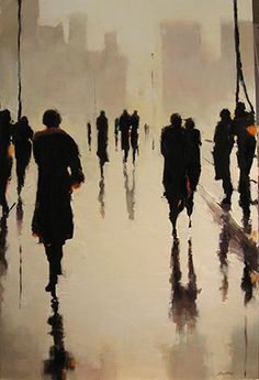 a painting of people walking in the rain