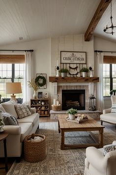 Elevate your space with stunning white farmhouse living room ideas that capture classic and cozy vibes. From distressed wood accents to airy fabrics, discover tips to create a bright, welcoming atmosphere. These farmhouse decor ideas make any room feel fresh, open, and beautifully timeless! 🤍 Neutral Sofas, Vintage Farmhouse Living Room, Coastal Farmhouse Living Room, Oversized Sectional, Oversized Sectional Sofa, Cozy Farmhouse Living Room