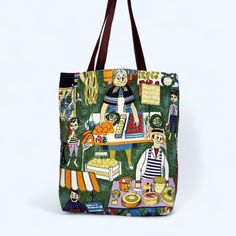 Step back in time with this unique tote bag, handcrafted from authentic vintage Moygashel 'Bon Marché' fabric from 1950s or 60s,  The charming fabric is decorated with a market scene featuring cheesemongers and fishmongers. This one-of-a-kind piece combines retro charm with modern functionality, making it the perfect accessory for any vintage lover. Key Features: Vintage Fabric:  The exterior is made from carefully selected vintage Irish Moygashel fabric from the 1950s/60s, ensuring each bag is Retro Canvas Bag With Large Capacity For Shopping, Retro Large Capacity Canvas Shopping Bag, Upcycled Shoulder Bag For Daily Use, Eco-friendly Upcycled Bags For Daily Use, Upcycled Everyday Tote Shoulder Bag, Upcycled Rectangular Canvas Bag, Upcycled Canvas Shoulder Bag For Daily Use, Everyday Upcycled Canvas Tote Bag, Everyday Upcycled Tote Canvas Bag