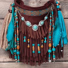 Turquoise Bag, Boho Leather Bags, Bohemian Purse, Leather Fringe Bag