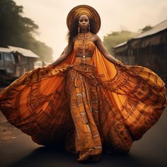 a woman in an orange dress is walking down the street with her hands on her hips