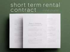 an open brochure with the words short term rental contract written in white on it