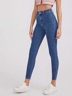 Medium Wash    Denim Plain Skinny  Slight Stretch  Women Denim Jeans Online, Trendy Fashion Women, Cropped Jeans, Colored Jeans, Online Clothing, Denim Women, Fashion Clothes Women, Levi Jeans, Mom Jeans