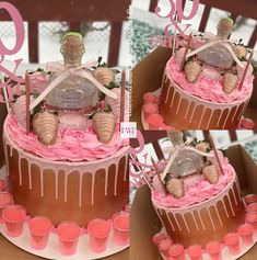 two cakes decorated with pink icing and seashells are shown in three different pictures