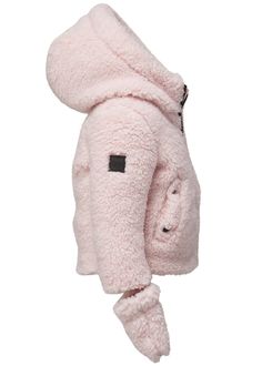 This cozy hooded jacket is crafted from a plush sherpa fabric. It is insulated with down, has a center front zip closure, has 2 snap pockets, and comes with detachable mittens. Sherpa Fabric, Sherpa Jacket, Human Rights, Hooded Jacket, Parka, Vegan Leather, Coats Jackets, Pink, Fabric