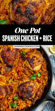 one pot spanish chicken and rice in a skillet