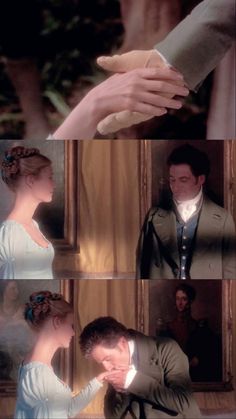 a man holding the hand of a woman in front of a mirror with other images