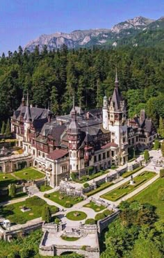 an aerial view of a castle in the middle of a green forest with mountains in the background