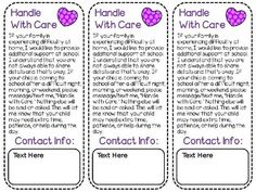 three tags with hearts on them that say, handle with care and contact infos