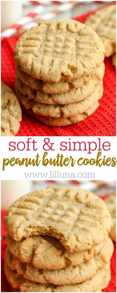 soft and simple peanut butter cookies are stacked on top of each other with the words, soft & simple peanut butter cookies