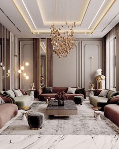 a living room filled with lots of furniture and a chandelier hanging from the ceiling