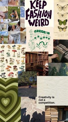 a collage of photos with words and pictures on them that include books, butterflies, trees, people