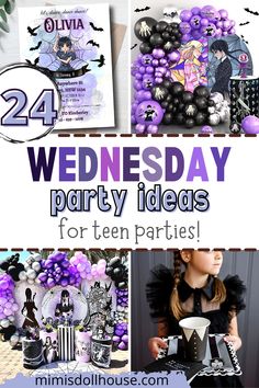 a collage of halloween themed party ideas with text overlay that reads, 24 wednesday party ideas for teen parties