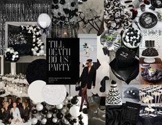 a collage of black and white items including cake, balloons, hats, and decorations