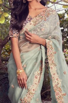 Shop for Prisho Blue Floral And Zardozi Embroidered Saree With Blouse for Women Online at Aza Fashions Twenties Style, Saree Organza, Tulle Blouse, Organza Embroidery, Saree Tassels, Blue Organza, Embroidered Saree, Sari Blouse, Blue Saree