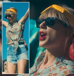 a woman wearing sunglasses and a yellow headband in front of a group of people