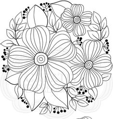 a bouquet of flowers with leaves and berries in the center, outlined on a white background