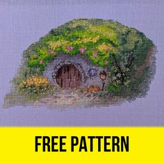 a cross stitch pattern with an image of a small cave in the middle of it