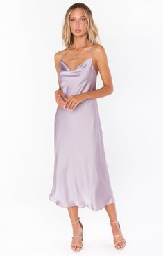 Verona Cowl Dress ~ Dusty Purple Luxe Satin – Show Me Your Mumu Dusty Purple Bridesmaid Dresses, Pastel Bridesmaids, Pastel Bridesmaid Dresses, Casual Cocktail Dress, Lavender Bridesmaid Dresses, Beautiful Midi Dresses, Maternity Bridesmaid Dresses, Bridal Party Gowns, Beach Wedding Guest Dress