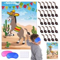 a boy wearing a sombrero standing in front of a set of stickers