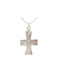 Silvered bronze, over 1 1/4" in height with the cross beam centered. The vertical beam flared from the center to top and bottom and the cross beam was without the flare. A provincial example is slightly out of proportion, typical for the period. Professionally refurbished with the pure silver overlay restored suspended from a Sterling silver neck chain for modern wear. Gift boxed with certificate of authenticity. Byzantine Cross Necklace With Engraving, Medieval Engraved Cross Jewelry, Bronze Cross Spiritual Jewelry, Bronze Spiritual Cross Jewelry, Spiritual Bronze Cross Jewelry, Medieval Engraved Cross Pendant Jewelry, Handmade Byzantine Style Crucifix Jewelry, Handmade Byzantine Crucifix Jewelry, Handmade Medieval Cross Jewelry