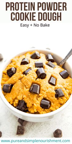 chocolate chip cookie dough in a white bowl with text overlay that reads, protein powder cookie dough easy and no bake