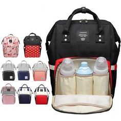 baby diaper bag with bottles in it and multiple colors to choose from, including black, pink, blue, red, white