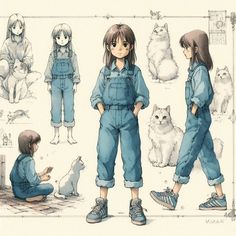 an anime character is standing in front of some cats and other animals, while another person sits on the ground