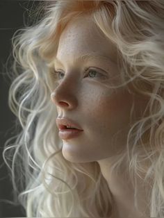 Pale Skin With Freckles, Pale Freckled Skin, Character Inspo Female, Natural Light Blonde Hair, Pale Skin Aesthetic, Pale Skin Freckles, Light Freckles, Very Pale Skin, Long Curly Blonde Hair